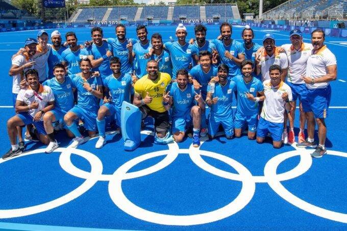 Indian Hockey players celebrating victory Tokyo Olympics