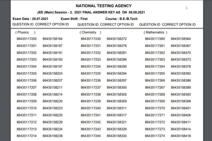 jee main, jee main 2021, jee main answer key, jee main answer key 2021, jee main july 2021,