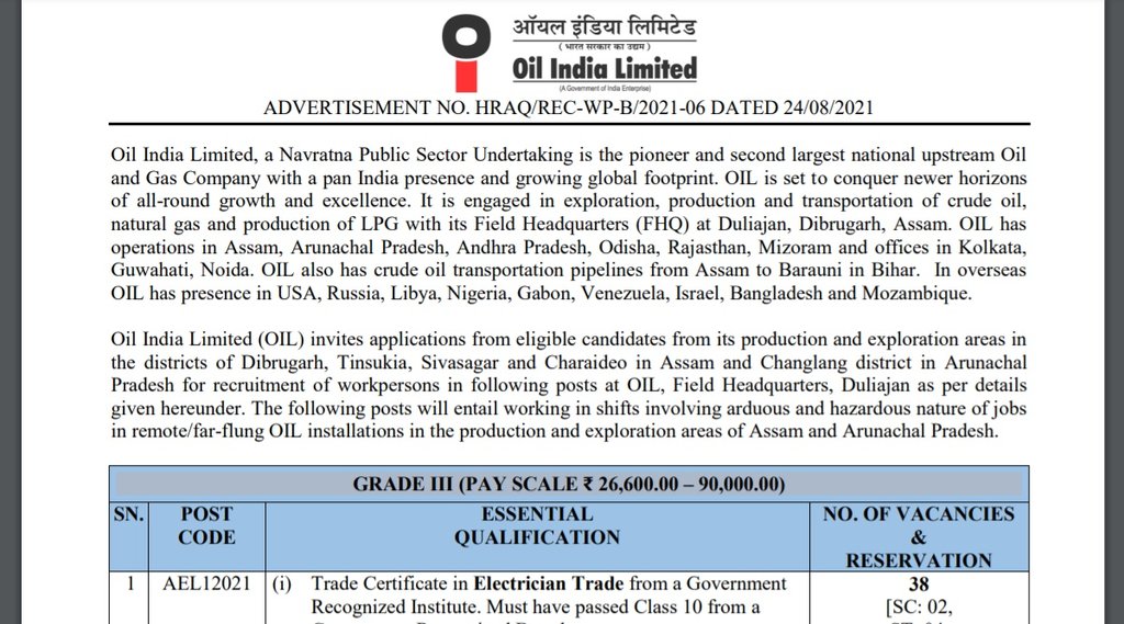 Oil India Limited, Oil India Limited Recruitment, Oil India Limited Grade III Recruitment Oil India Limited, Oil India Limited Recruitment, Oil India Limited Grade III Recruitment