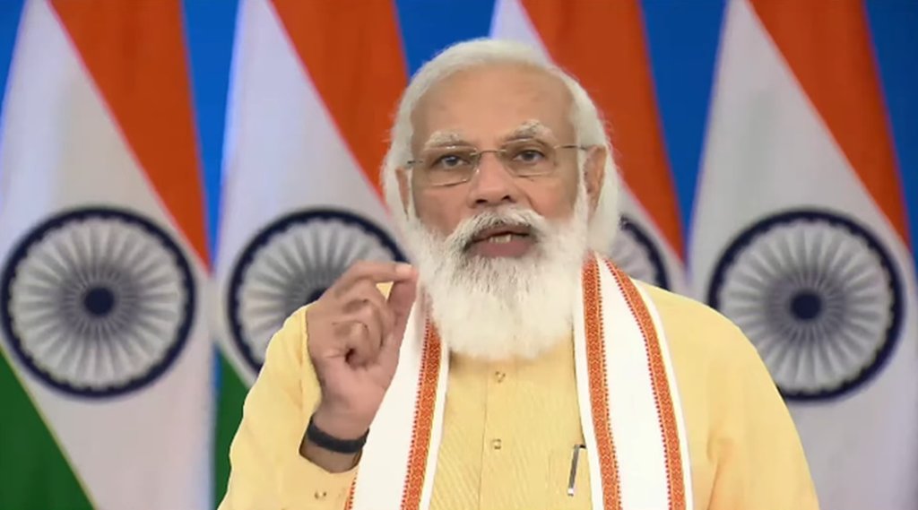 सोमनाथ मंदिर से जुड़ी परियोजनाओं के उद्घाटने के समय पीएम मोदी। फोटो- भाजपा ट्विटर हैंडल