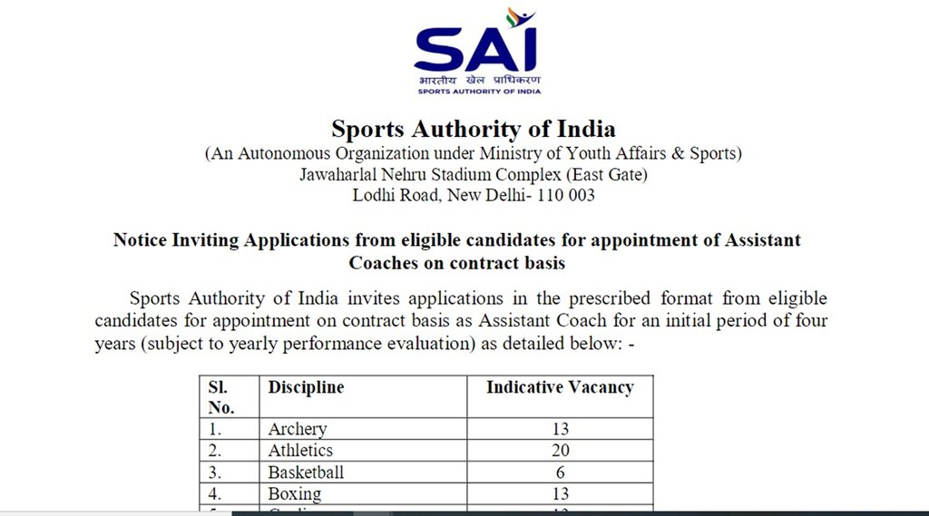 Sports Authority of India, SAI recruitment 2021, jobs at Assistant Coaches Posts, Assistant Coaches recruitment 2021, Sports Authority of India, SAI recruitment 2021, jobs at Assistant Coaches Posts, Assistant Coaches recruitment 2021,