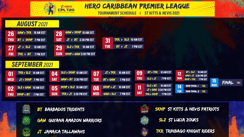 CPL 2021 Schedule, CPL 2021 Squads, CPL 2021 Streaming