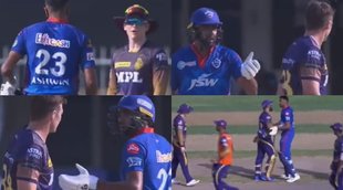 ipl-2021-ravichandran-ashwin-fights-with-eoin-morgan-tim-southee-dinesh-karthik-and-field-umpires-came-in-between-also-coach-ricky-ponting-video