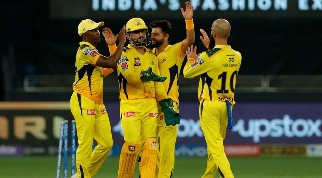 Chennai Super Kings celebrates the wicket of Krunal Pandya of Mumbai Indians