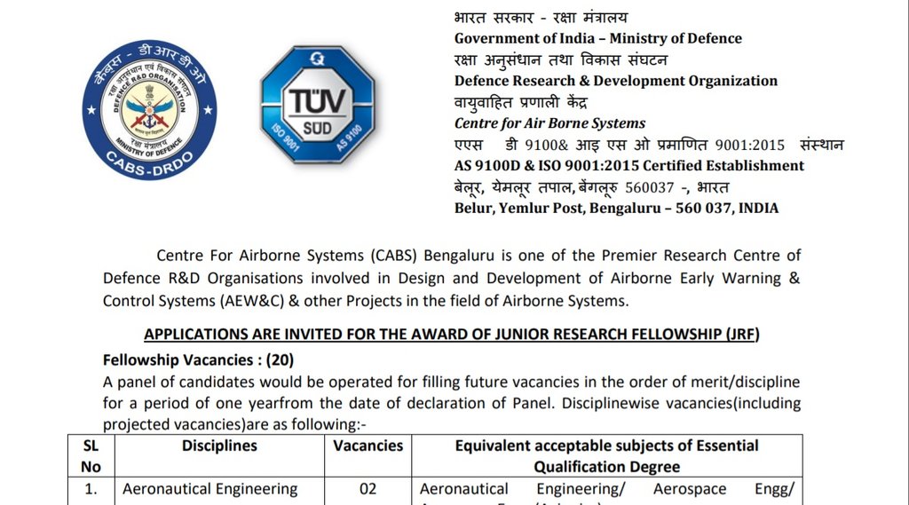 DRDO CABS Notification 2021, DRDO CABS Junior Research Fellowship Notification, DRDO CABS JRF Application, DRDO CABS JRF Application Date,