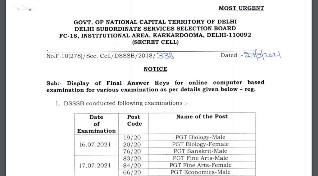 DSSSB, DSSSB Final Answer Key, DSSSB Final Answer Key 2021, Sarkari Naukri