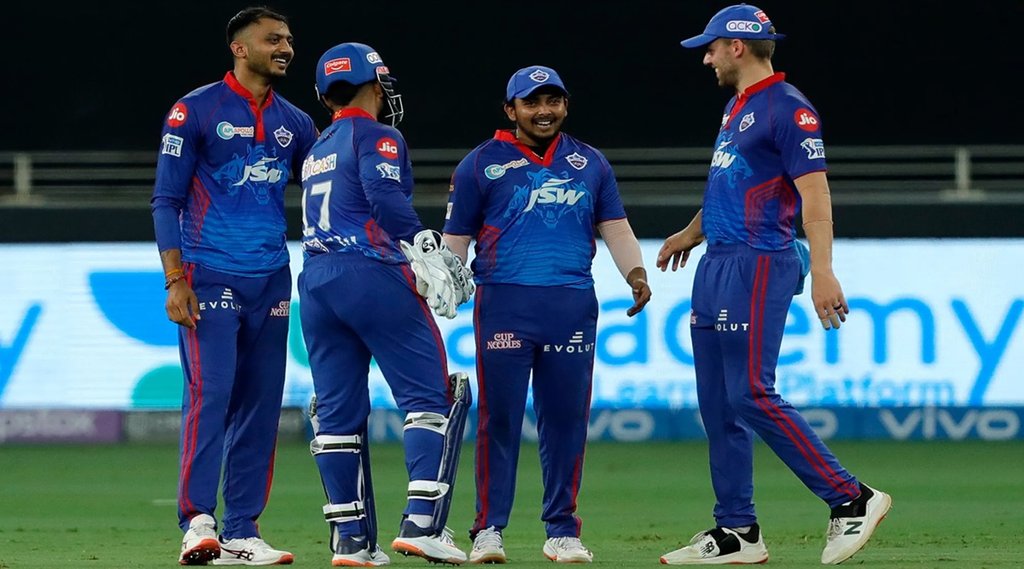 Delhi Capitals celebrates the wicket of Jason Holder of Sunrisers Hyderabad