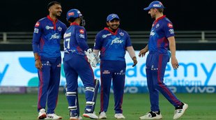 Delhi Capitals celebrates the wicket of Jason Holder of Sunrisers Hyderabad
