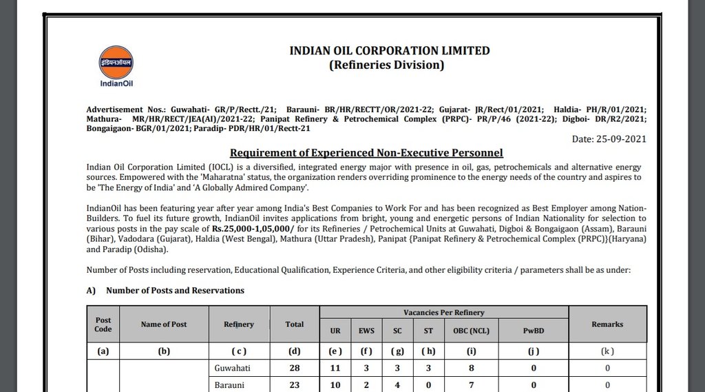 IOCL. IOCL Recruitment, Sarkari Naukari, Govt Job