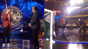 kbc-13-neeraj-chopra-gives-training-to-amitabh-bachchan-and-pr-sreejesh-cannot-stop-shot-hit-by-big-b-watch-video