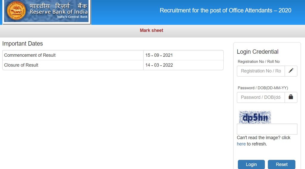 RBI Office Attendant Marksheet 2021, RBI Office Attendant Marksheet 2021, rbi.org.in, opportunities.rbi.org.in, RBI Website, RBI Office Attendant Marksheet Website,