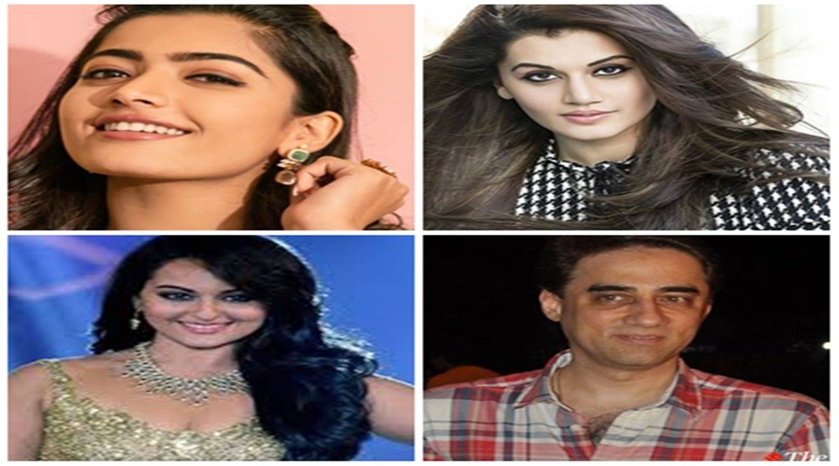 (ऊपर) बाएं से रश्मिका मंदाना, तापसी पन्नू, सोनाक्षी सिन्हा, फैसल खान। फाइल फोटो। (ऊपर) बाएं से रश्मिका मंदाना, तापसी पन्नू, सोनाक्षी सिन्हा, फैसल खान। फाइल फोटो।