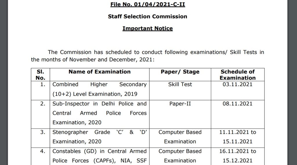 SSC Exam Notice, SSC Exam Notice 2021, SSC CHSL Exam 2019 Notice, SSC Stenographer Exam 2020 Notice, SSC GD Constable Exam 2021 Notice,
