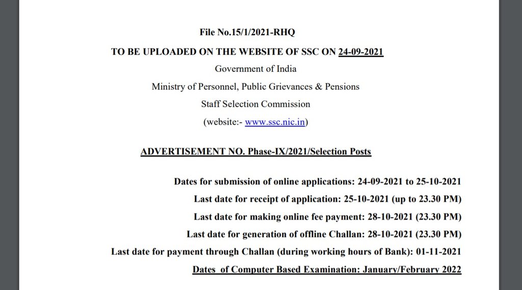 SSC, SSC Selection Post Phase IX Recruitment, SSC Latest Notification