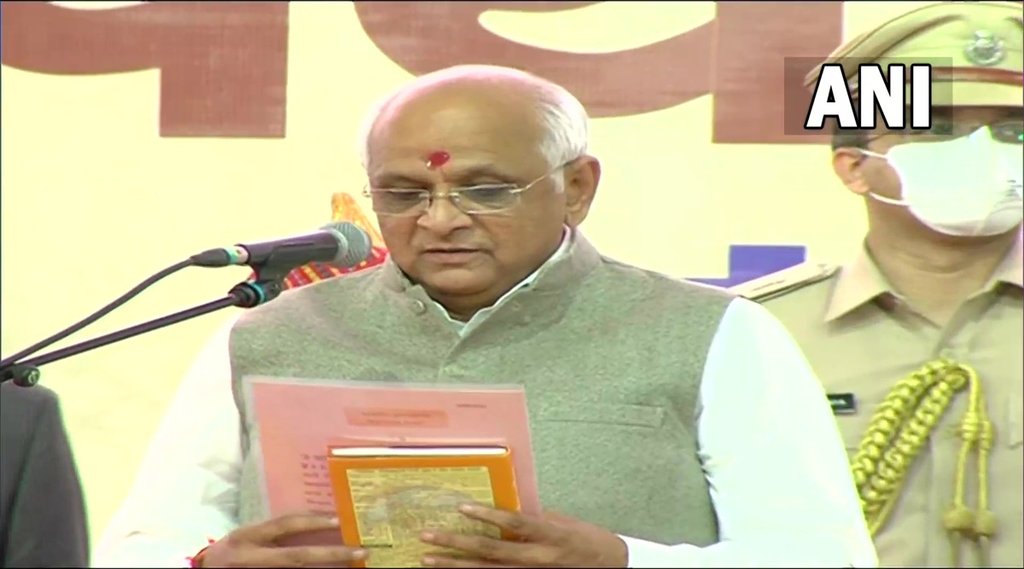 भूपेंद्र पटेल ने गुजरात के मुख्यमंत्री के रूप में शपथ ली। (फोटो-एएनआई)।