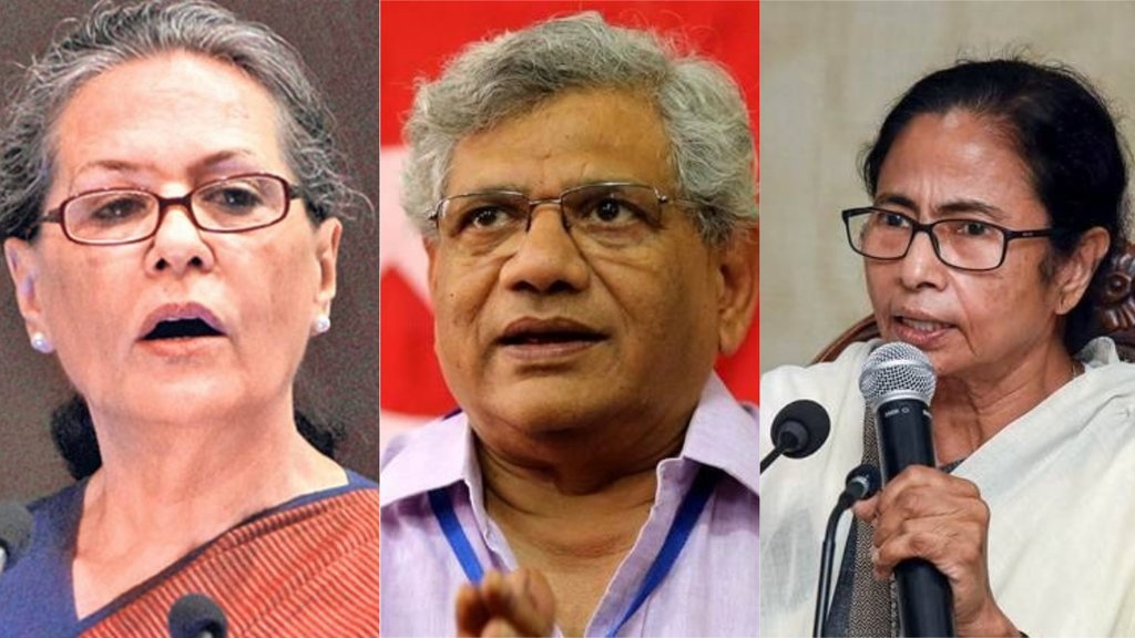 विपक्षी दलों की बैठक में जब कांग्रेस अध्यक्ष सोनिया गांधी ने माकपा नेता सीताराम येचुरी को बातचीत शुरू करने के लिए कहा तो ममता बनर्जी ने इसपर आपत्ति जताई और शरद पवार को यह मौका देने की बात कही। (एक्सप्रेस फाइल फोटो)