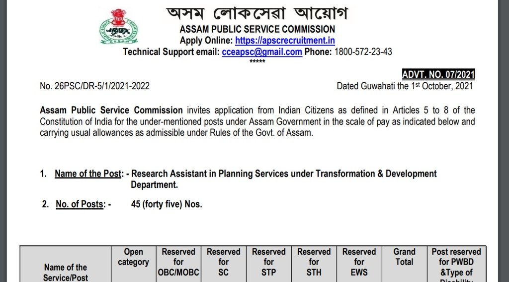 APSC, APSC Recruitment, Research Assistant Recruitment 2021, Sarkari Naukari