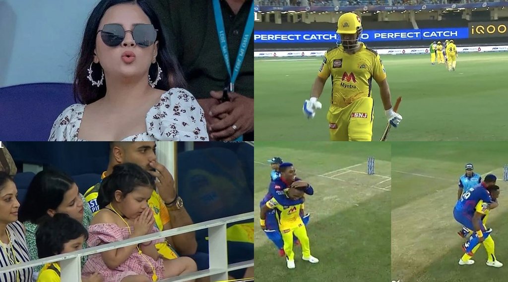 dc-vs-csk-ms-dhoni-wife-sakshi-dhoni-seen-upset-after-his-dismissal-daughter-ziva-prays-to-god-shimron-hetmyer-jumps-to-dwayne-bravo-shoulders-ipl-2021