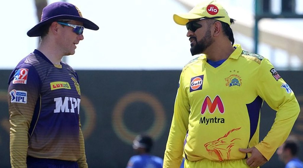 MS Dhoni captain of Chennai Super Kings and Eoin Morgan captain of Kolkata Knight Riders