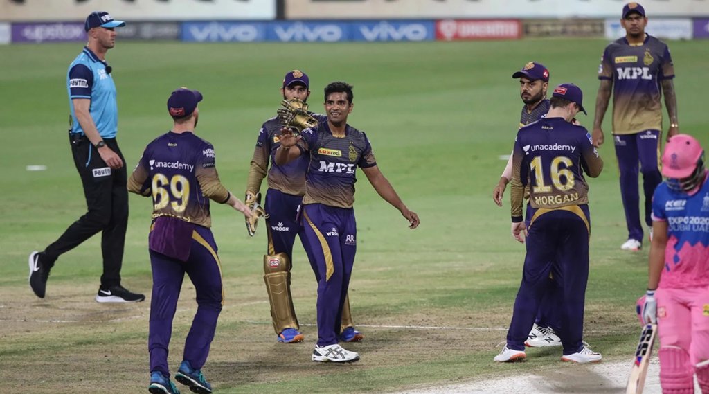 Shivam Mavi of Kolkata Knight Riders celebrates the wicket of Shivam Dube of Rajasthan Royals