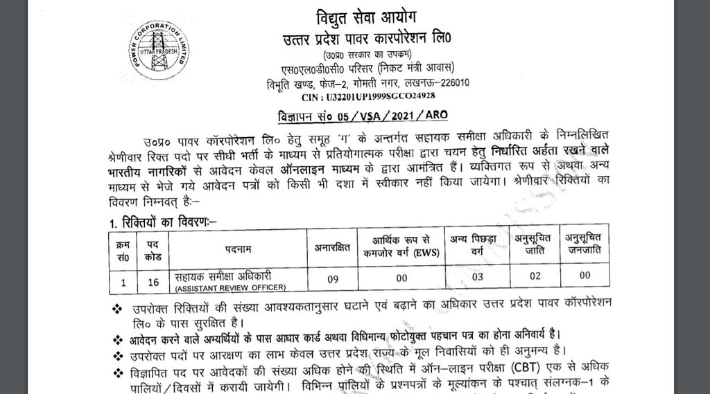 UPPCL, UPPCL ARO Recruitment 2021, UPPCL ARO Notification, UPPCL Job Notification 2021