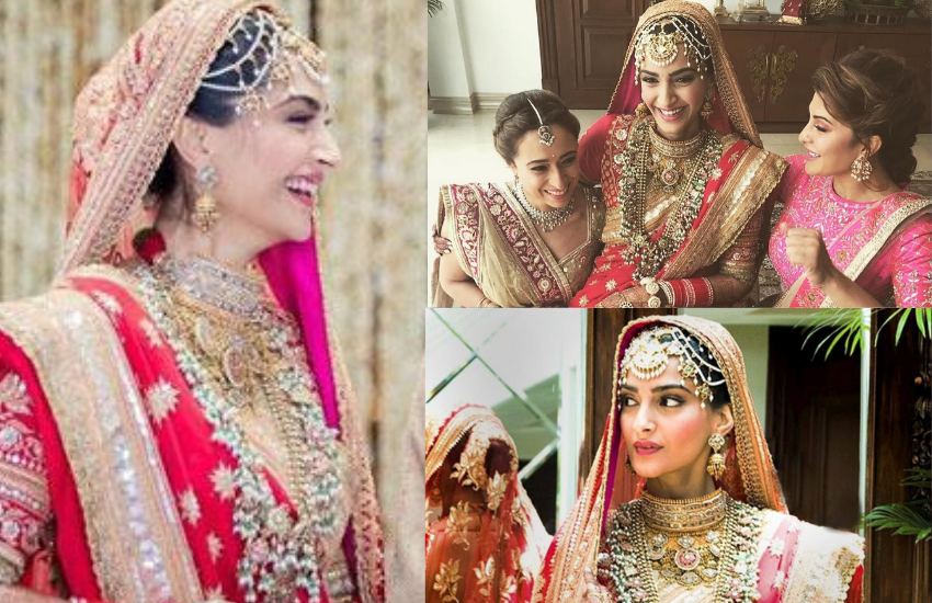 साल 2018 में आनंद आहूजा के साथ सोनम कपूर की शादी हुई थी। शादी में उन्होंने पिंक और रेंड कॉम्बिनेशन का लहंगा पहना था और फुल ब्राइड मेकअप किया था।