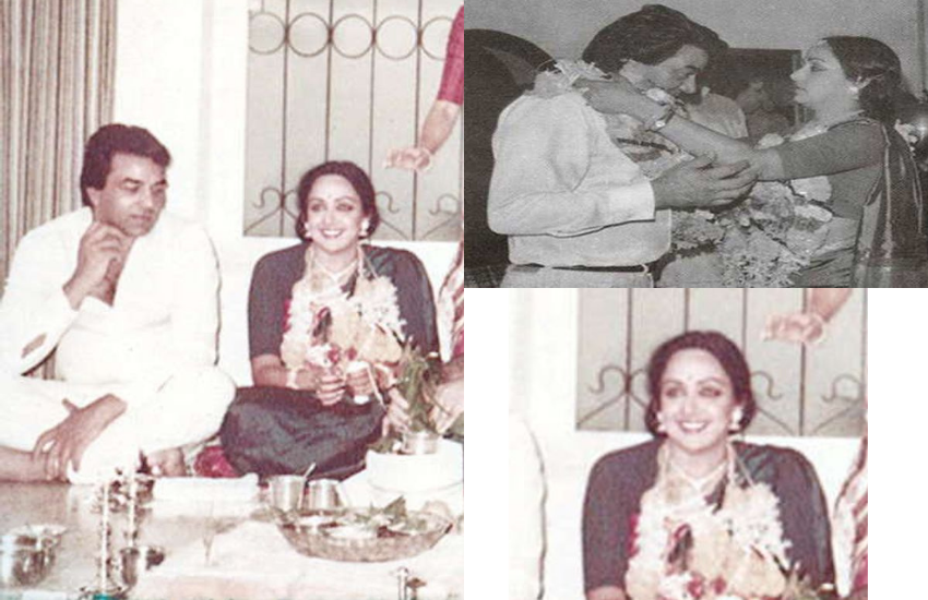 धर्मेंद और हेमा मालिनी ने साल 1980 में बेहद सादगी से शादी की थी। हरे रंग की साउथ इंडियन साड़ी पहने हेमा बेहद सादगी के साथ जयमाला पहने नजर आई थीं।