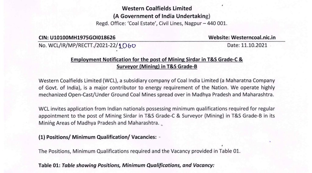 WCL, WCL Recruitment 2021, WCL Notification 2021, Sarkari Naukari