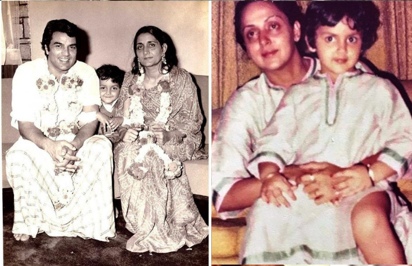 इस तस्वीर में धर्मेंद्र अपनी पहली पत्नी प्रकाश कौर के साथ हैं और बीच में बॉबी बैठे हैं। वहीं दूसरी तस्वीर में हेमा ईशा के साथ नजर आ रही हैं।