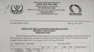 Kasauli Cantonment Board Recruitment
