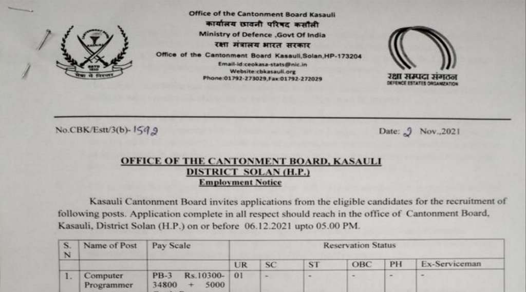 Kasauli Cantonment Board Recruitment