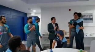 Pakistan cricketers along with an official can be seen entering dressing room and bucking up the Namibian players