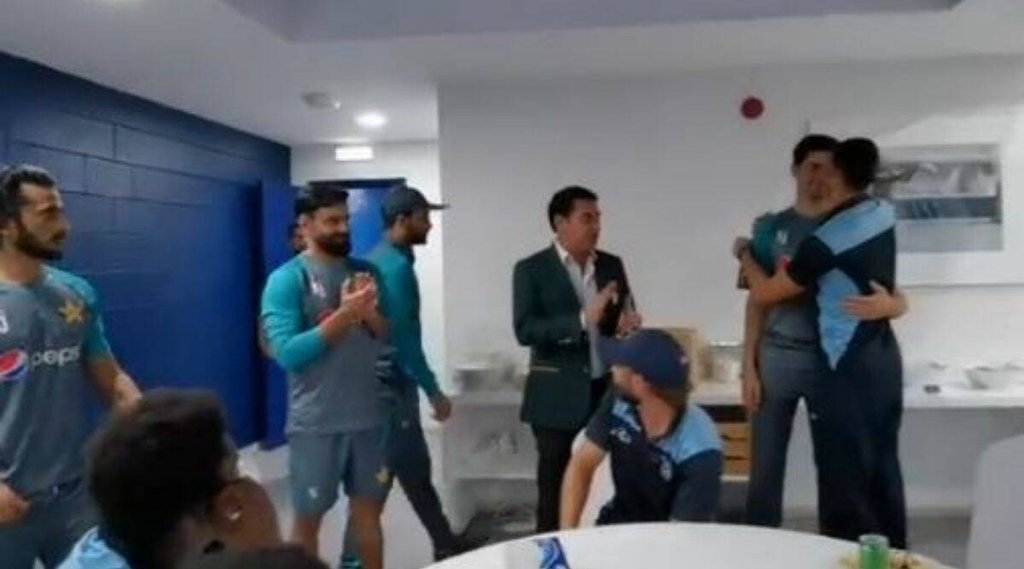Pakistan cricketers along with an official can be seen entering dressing room and bucking up the Namibian players