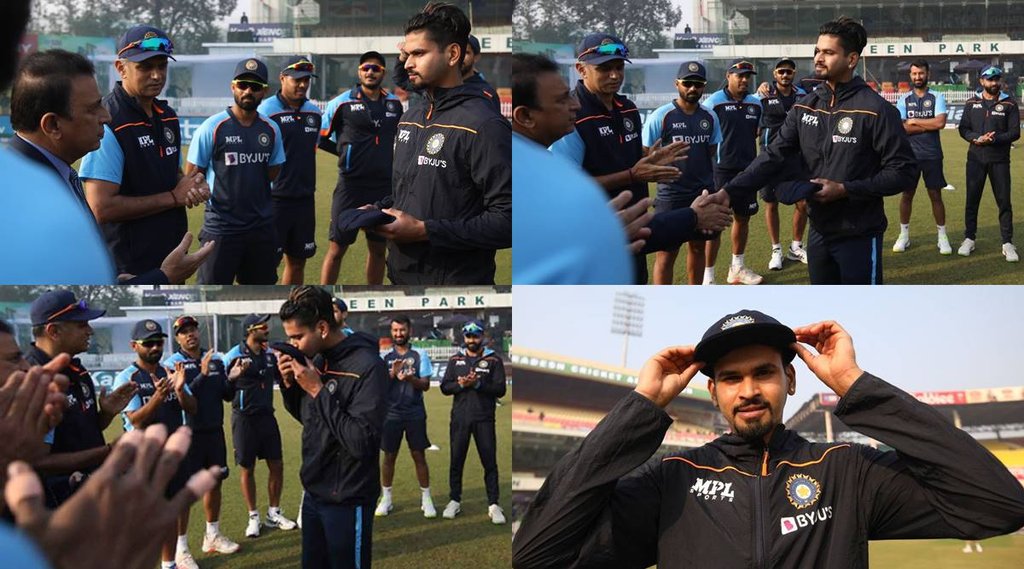 ind-vs-nz-shreyas-iyer-gets-test-cap-from-sunil-gavaskar-head-coach-rahul-dravid-brings-old-tradition-back-in-indian-team-at-his-first-test-watch-video