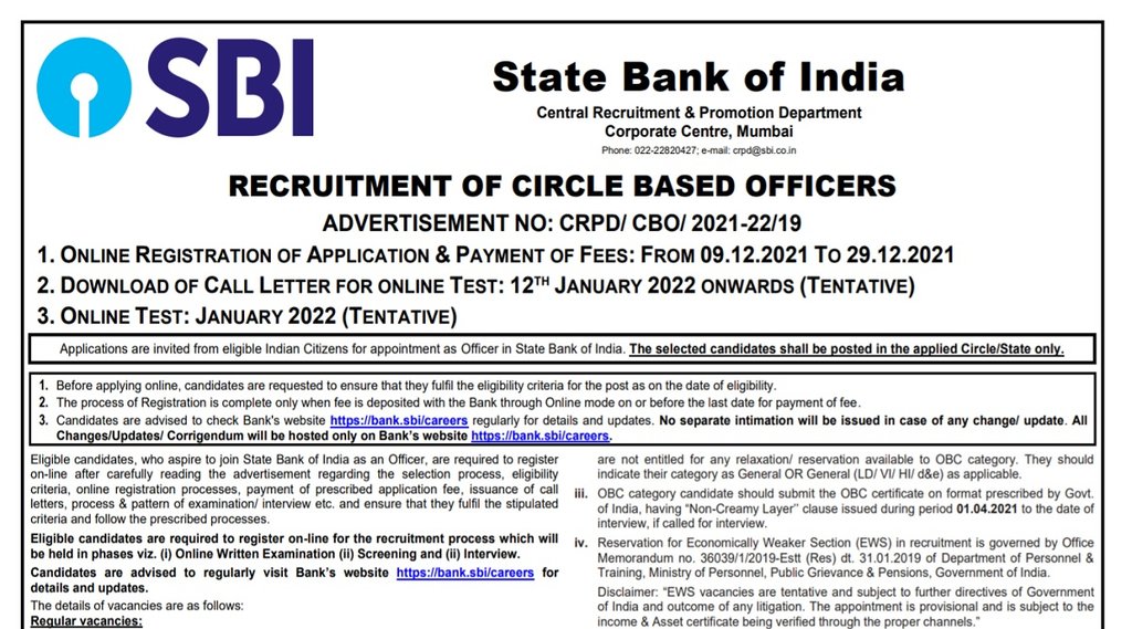 SBI CBO Recruitment 2021