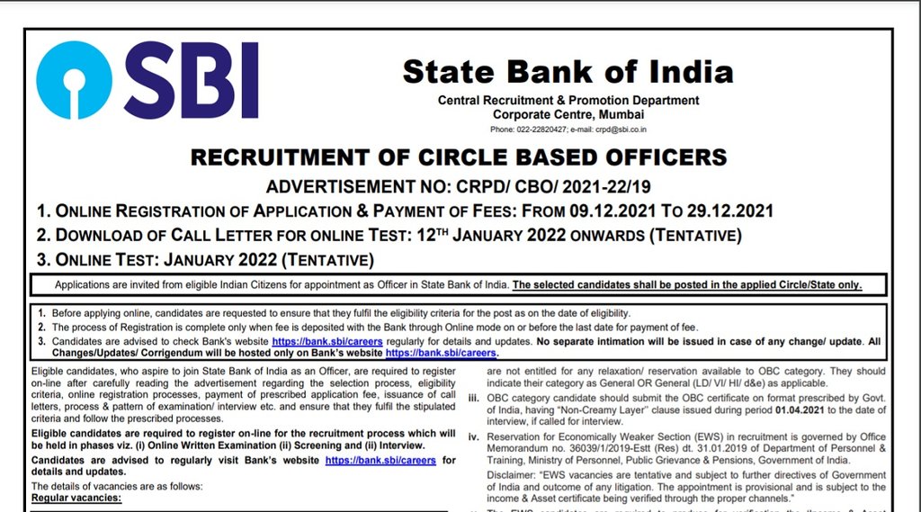 SBI Recruitment 2021, SBI CBO Recruitment 2021