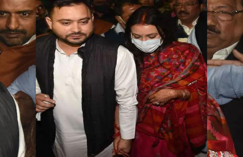 तेजस्वी पूरे समय अपनी पत्नी राजश्री का हाथ थामे हुए थे।