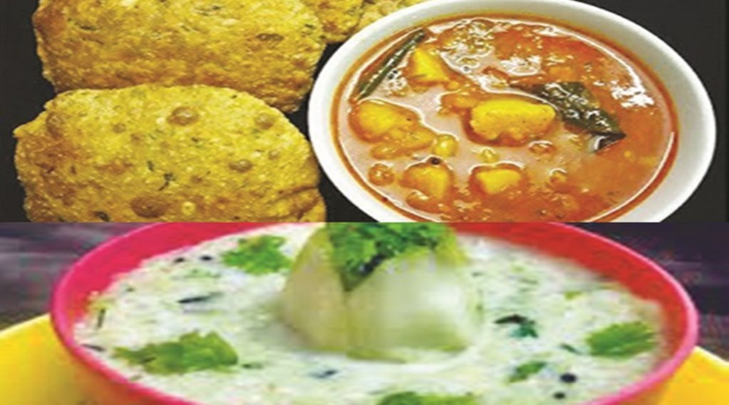 आलू और बेड़मी पूड़ी (ऊपर) और अमरूद का रायता (नीचे)।