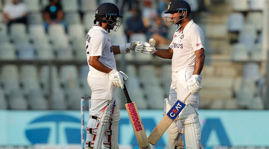 IND vs NZ Mumbai test Day 1 Stumps Mayank Agarwal Wriddhiman Saha Century 2nd Test
