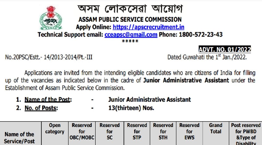 APSC, Junior Administrative Assistant