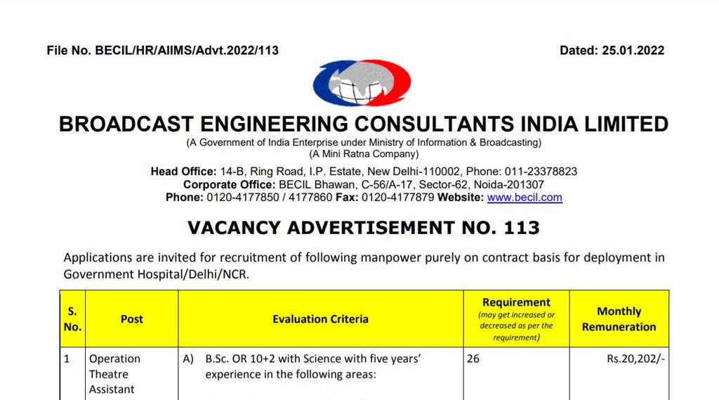 BECIL Job, BECIL Vacancy 2022, Govt Job BECIL Job, BECIL Vacancy 2022, Govt Job