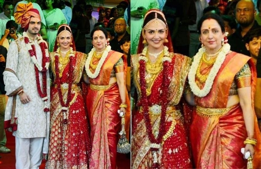 बेटी-दामाद के साथ हेमा भी साउथ इंडियन स्टाइल में सजी हुई नजर आई हैं।