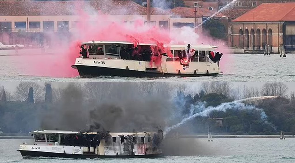 Fireworks launched vaporetto Venice two Team supporters embroiled naval battle Football Match