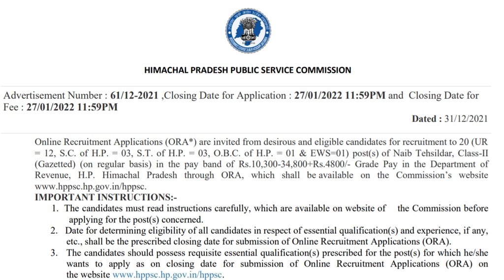 HPPSC, HPPSC Vacancy, HPPSC Naib Tehsildar Vacancy, Govt Job 2022