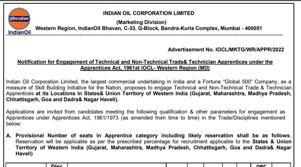 IOCL, IOCL Western Region Vacancy, Apprentice Notification