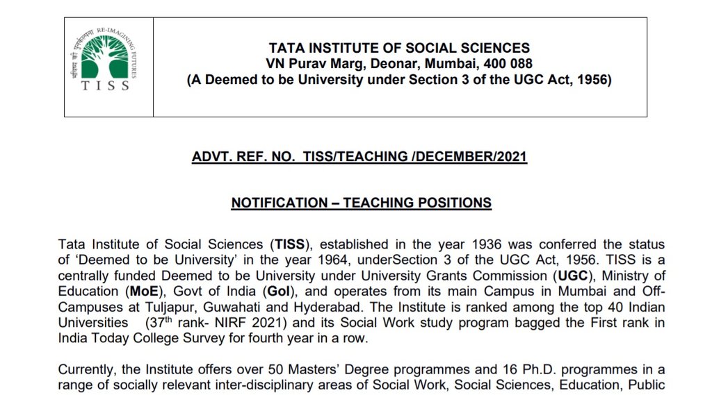 TISS, TISS Vacancy, TISS Faculty Vacancy, Assistant Professor Vacancy