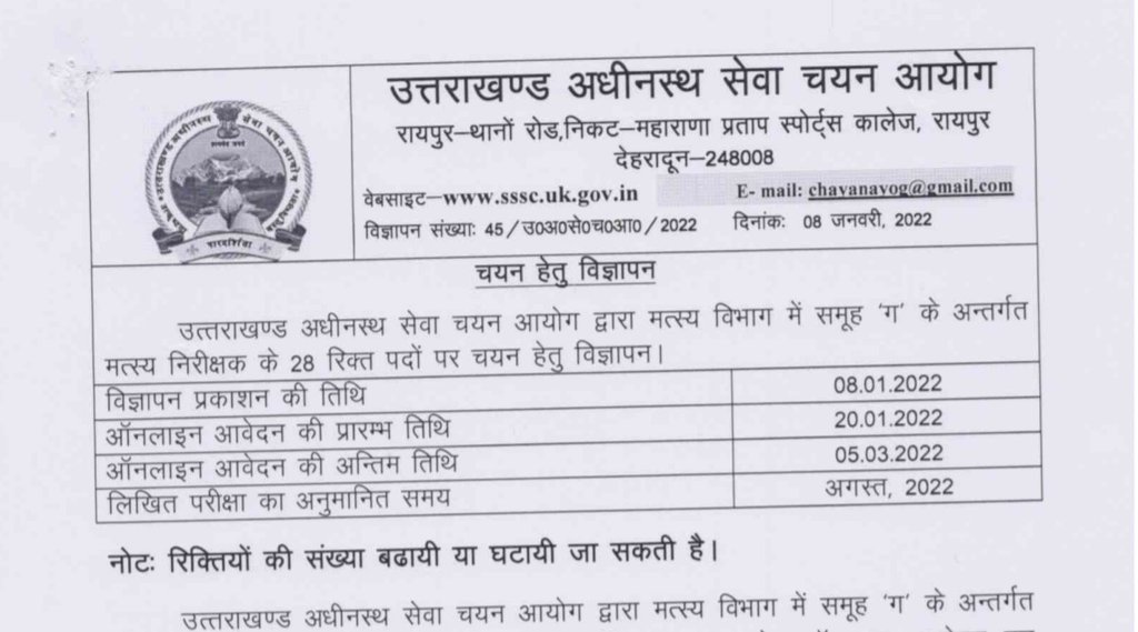 UKSSSC, UKSSSC Job Notification, Govt Job 2022