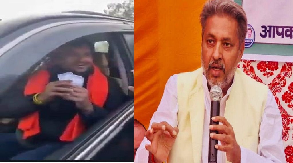 यूपी के राज्य मंत्री अनिल शर्मा के बेटे पर पैसे बांटने का लगा आरोप (फोटो- @Facts_chek and @anilsharmashikarpu)