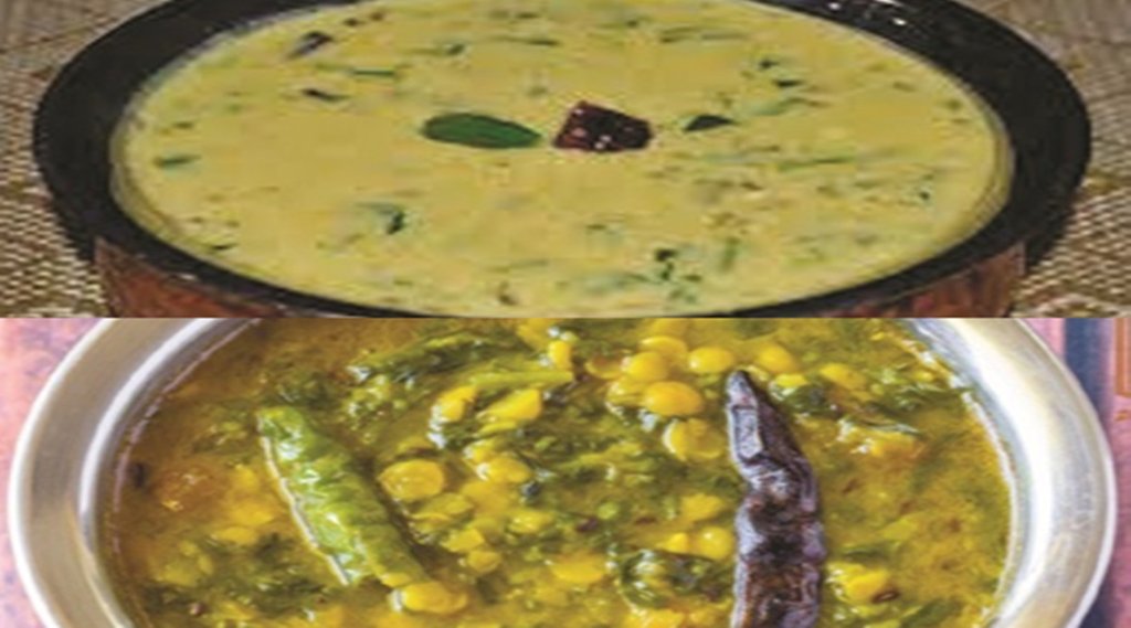 मेथी-बूंदी कढ़ी (ऊपर) और दलपइता (नीचे)।