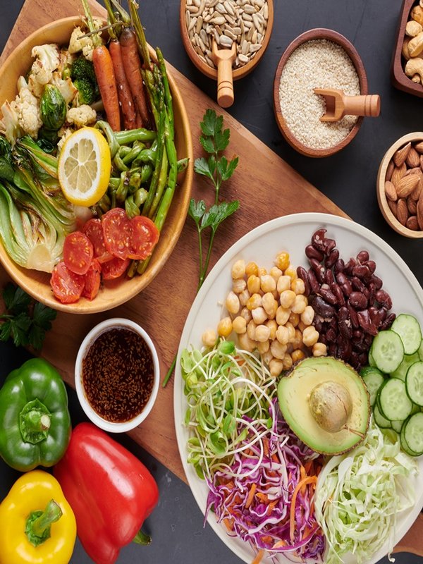 Vegan protein source. Buddha bowl dish, avocado, pepper, tomato,